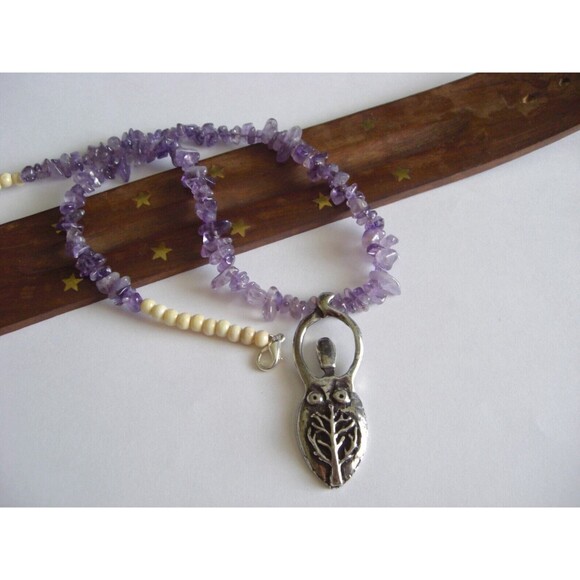 Amethyst Chip Bead Necklace with Goddess Tree Of Life Pewter Pendant Purple - Picture 11 of 11